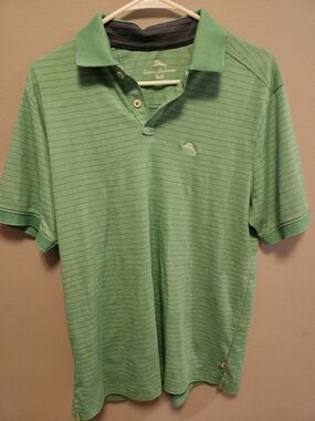 Tommy Bahama Men's Green Striped Polo Shirt MEDIUM